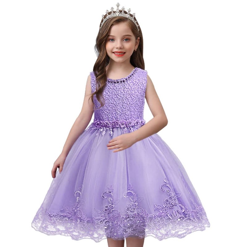 DreamHigh Flower Girl's Floral-Embroidered Pearl Embellished Evening Dress Up Purple - 4Y - Image 5